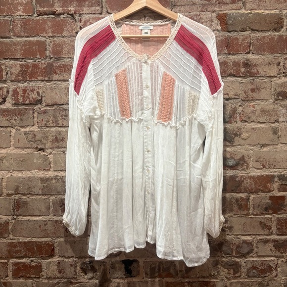 Sundance Constance Crochet Trim Pintuck Blouse Womens Small White Red Boho Top - Picture 2 of 5